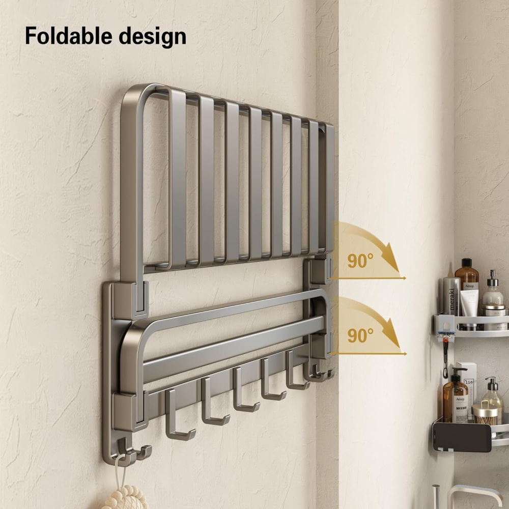 Toallero de baño con doble toallero, estante plegable para toallas montado en la pared con ganchos - Imagen 5