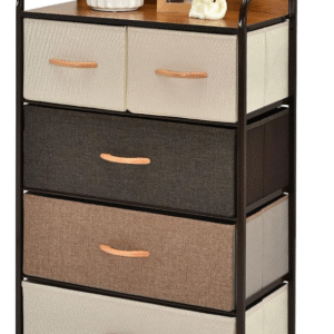 Cómoda de tela de 5 cajones para dormitorio, torre de almacenamiento de 39 pulgadas de alto con cajones plegables y estantes abiertos, marco de metal, unidad de cajones de almacenamiento