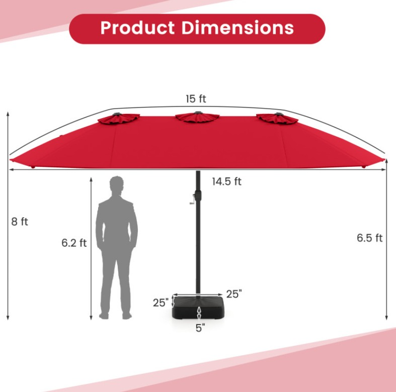 Sombrilla de patio doble de 15 pies con manivela y base - Imagen 3