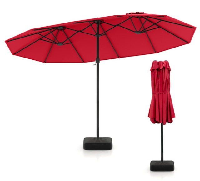 Sombrilla de patio doble de 15 pies con manivela y base
