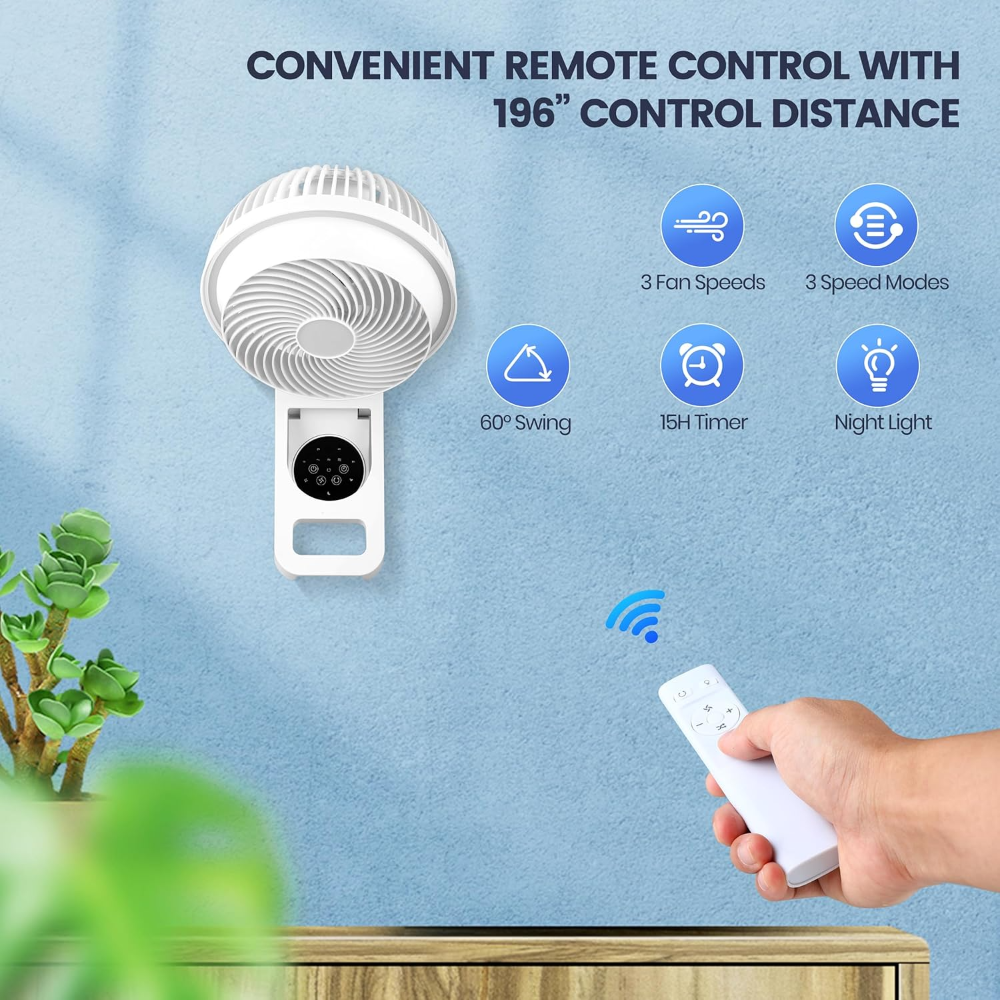 Ventilador de montaje en pared de 7 pulgadas, 3 velocidades y 3 modos, temporizador de 15 horas, ventilador de circulación oscilante de 60°, con control remoto - Imagen 4