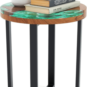 Mesa auxiliar de madera de teca de 50 cm. para exteriores, mesa  redonda con resina epoxi, borde vivo sólido, base de caoba, mesa de sofá rústica, para patio, porche, junto.