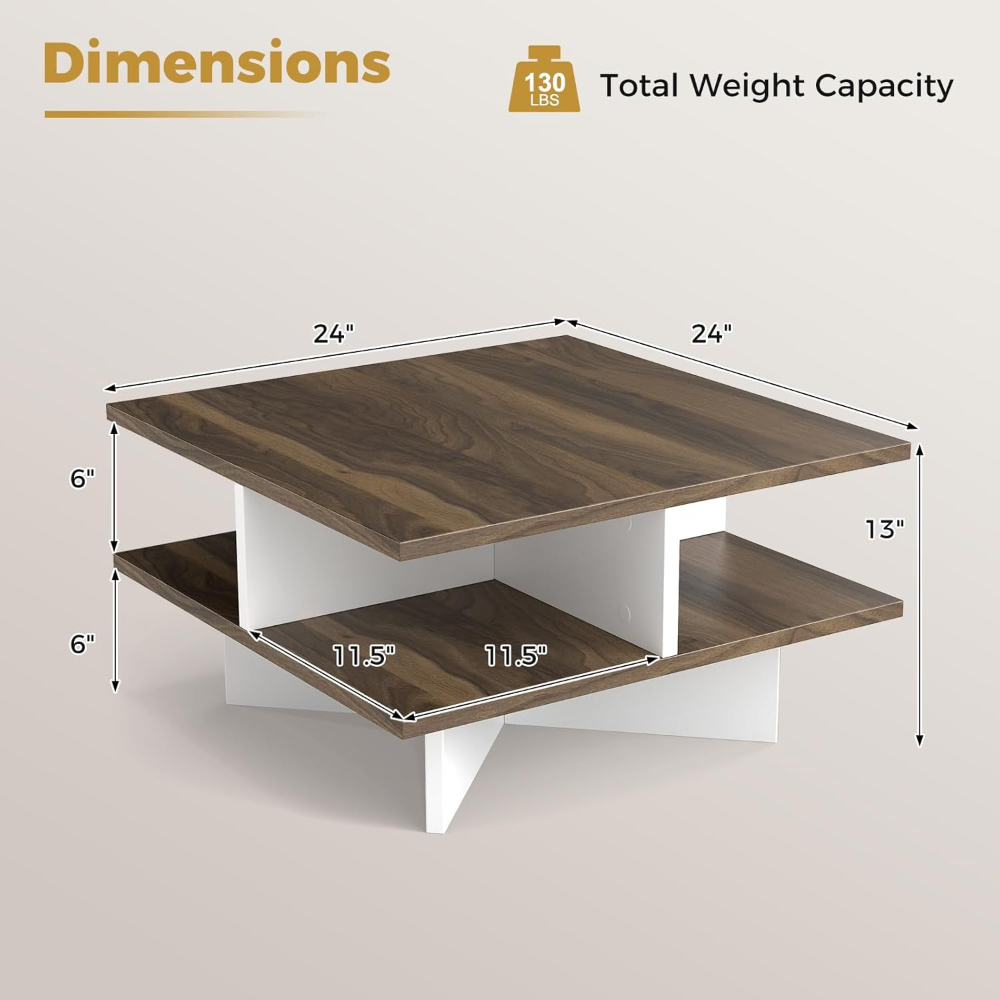 Mesa de centro de granja con almacenamiento, mesa cuadrada de 2 niveles con 4 compartimentos de almacenamiento y base en forma de cruz, modernas, mesas de té para sala de estar - Imagen 3