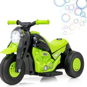 Moto eléctrica infantil 6V, 3 ruedas, luces, música y burbujas automáticas; divertida, estable y segura para pequeños.