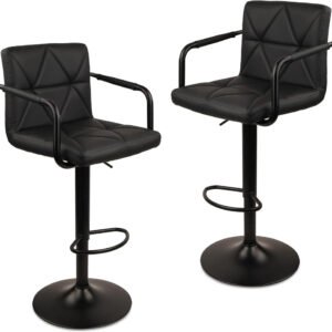 Taburetes de bar ajustables, set de 2 en PU con respaldo, apoyabrazos y reposapiés; cómodos, elegantes y resistentes.