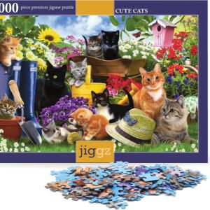 Jiggz Cute Cats Rompecabezas 1000 piezas con diseño de gatitos y jardín colorido. Piezas únicas de alta calidad, ideal para entretenimiento familiar y adultos amantes de los puzzles.