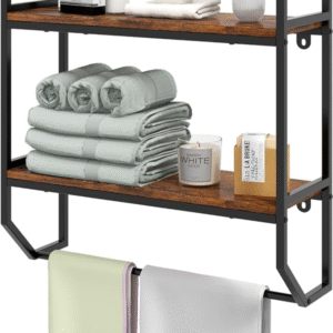Estantes de baño de pared sobre el inodoro con toallero, organizador de almacenamiento industrial de 2 niveles  marco de metal,  de madera, estantes flotantes