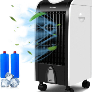 Enfriador evaporativo COSTWAY 3-en-1: tanque 4L, 3 velocidades, incluye 2 packs de hielo; refresca espacios pequeños con funcionamiento silencioso.
