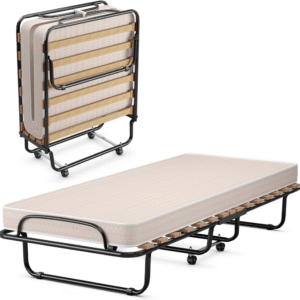 Cama plegable con colchón, cama de plataforma sobre ruedas con marco de acero y listones de madera, cama de invitados plegable con colchones de espuma viscoelástica, cama individual portátil