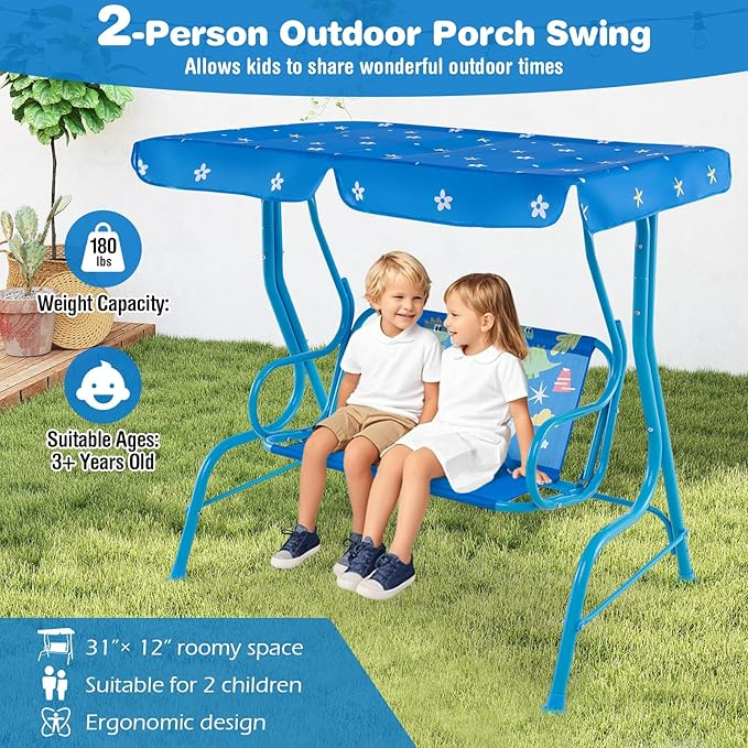 Columpio de patio para niños, banco colgante de 2 plazas al aire libre con toldo ajustable, cinturón de seguridad y reposabrazos curvo, silla columpio para niños con soporte para patio trasero - Imagen 2