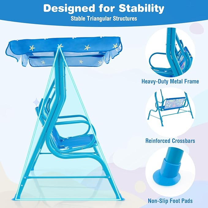 Columpio de patio para niños, banco colgante de 2 plazas al aire libre con toldo ajustable, cinturón de seguridad y reposabrazos curvo, silla columpio para niños con soporte para patio trasero - Imagen 4