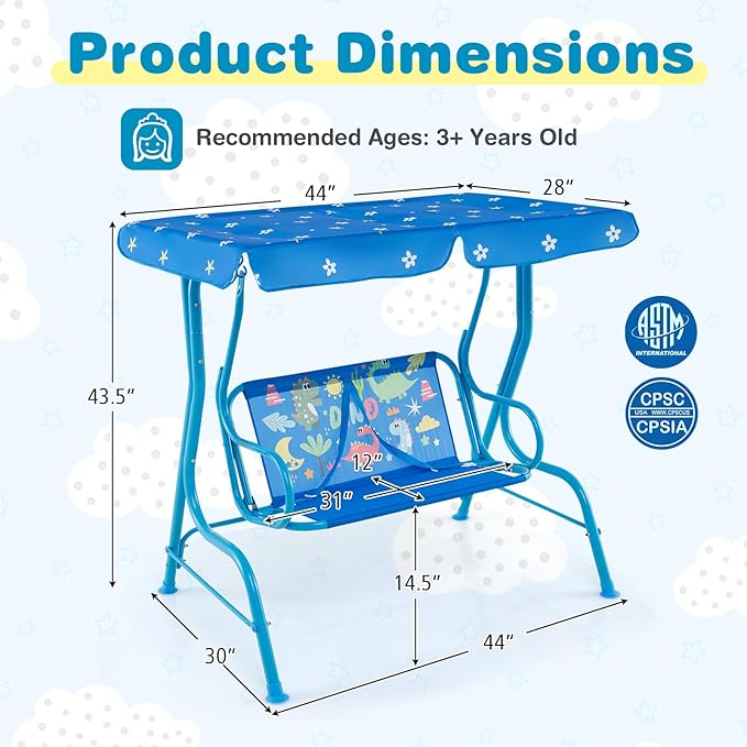 Columpio de patio para niños, banco colgante de 2 plazas al aire libre con toldo ajustable, cinturón de seguridad y reposabrazos curvo, silla columpio para niños con soporte para patio trasero - Imagen 5