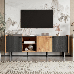 Soporte de TV de mediados de siglo con 3 gabinetes, mesa consola multimedia para televisores de hasta 70 pulgadas, centro de entretenimiento con almacenamiento para sala de estar, dormitorio,