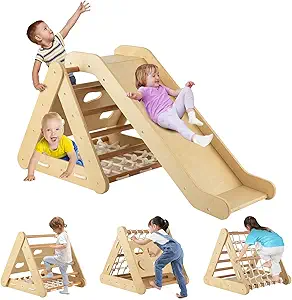 Juguete de escalada 4 en 1 para niños pequeños, trepador de triángulo de madera Montessori de 3 lados con rampa deslizante, red de escalada y tabla, niños y niñas, para interiores