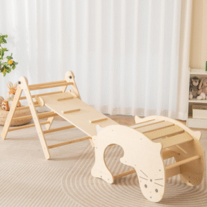 Trepador Montessori 4 en 1 de madera, con rampa deslizante y red. Seguro, resistente e ideal para desarrollar motricidad.