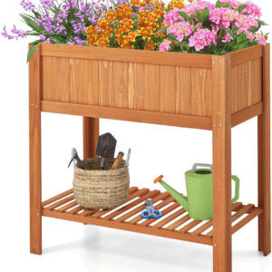 Cama de jardín elevada, maceta de madera con estante de almacenamiento y para verduras, flores y hierbas, maceta elevada de 2 niveles para patio trasero, patio, balcón, invernadero, 39 x 20 x 39 plg.