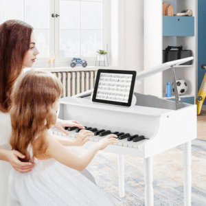 Goplus Piano Clásico de 30 Teclas para Niños, Mini Piano de Cola de Madera Instrumento Musical de Juguete para Aprender a Tocar con Banco, Tapa de Piano, Atril para Música, Regalo para Niños y Niñas
