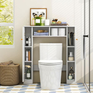 Armario de almacenamiento corto, sobre el inodoro, organizador con 2 compartimentos abiertos y 4 estantes ajustables, ahorro de espacio sobre el inodoro, almacenamiento para baño, lavandería, blanco.