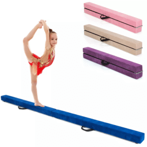 Barra de equilibrio plegable portátil para suelo de 2,13 m (7 pies) con asas para gimnastas, compuesta por una superficie de espuma EPE resistente y una base de madera maciza, color azul,