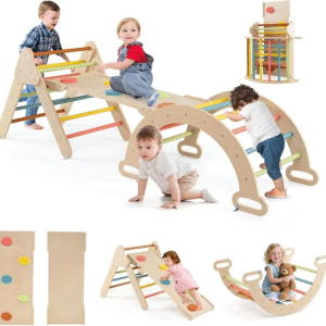 Arco triangular Montessori 7 en 1, arco de escalada infantil con tobogán de madera, rampa, escalera ajustable, soporta hasta 50 kg, para niños pequeños de 1 año en adelante, 7 en 1, colores.
