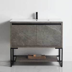 Mueble para lavamanos de 75 ancho x 46,5 profundidad  x 85 alto, con 1 estante abierto adecuado para toallas, acabado en mármol gris con instalación eléctrica en la parte de almacenamiento