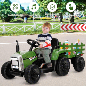 Costzon tractor eléctrico infantil 12V verde con carreta desmontable, USB y 7 luces LED; recomendado desde 3 años.