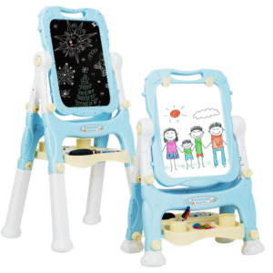 Gymax caballete infantil doble cara, altura ajustable, pizarra y tablero blanco; incluye accesorios, ideal para pintar y dibujar.