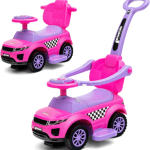 OLAKIDS coche de empuje 4 en 1 rosa, con luces, música, claxon, barandas y asa extraíble; ideal para paseo y juego.