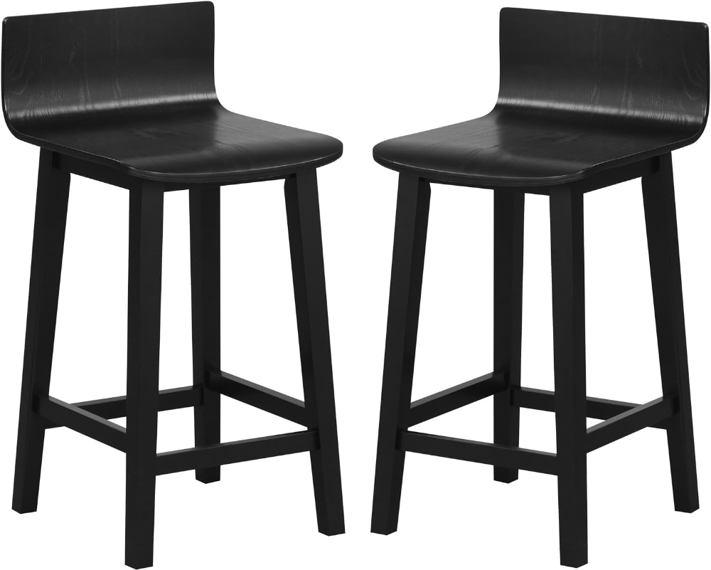 COSTWAY set de 2 taburetes de bar de 24.5", madera maciza color negro, con respaldo bajo y reposapiés; ideales para isla o desayunador.