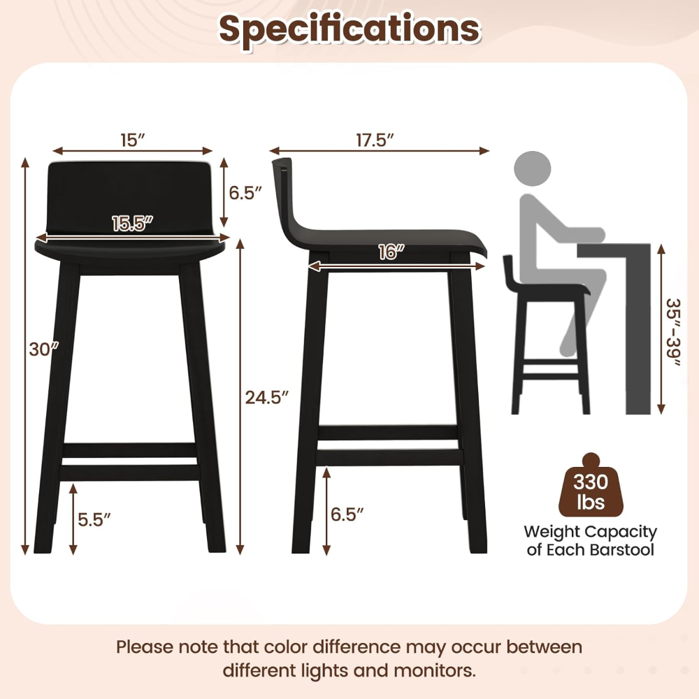 COSTWAY set de 2 taburetes de bar de 24.5", madera maciza color negro, con respaldo bajo y reposapiés; ideales para isla o desayunador. - Imagen 2