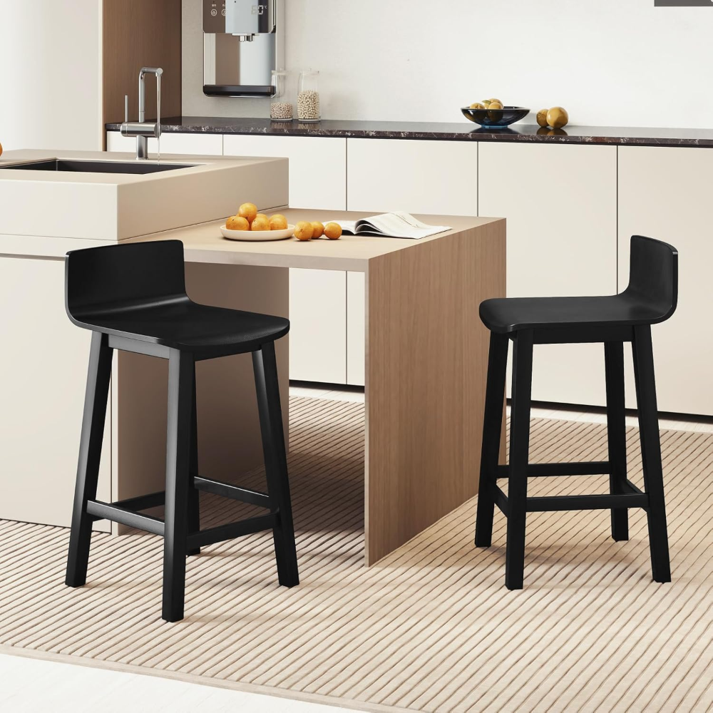 COSTWAY set de 2 taburetes de bar de 24.5", madera maciza color negro, con respaldo bajo y reposapiés; ideales para isla o desayunador. - Imagen 3