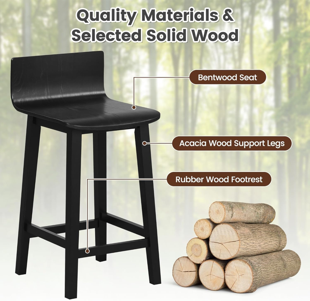 COSTWAY set de 2 taburetes de bar de 24.5", madera maciza color negro, con respaldo bajo y reposapiés; ideales para isla o desayunador. - Imagen 4