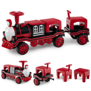 Costway Juego de Tren de 3 Plazas sin Rieles, Auto de Juguete de 12 V con 2 Sillas Extraíbles Rojo+negro