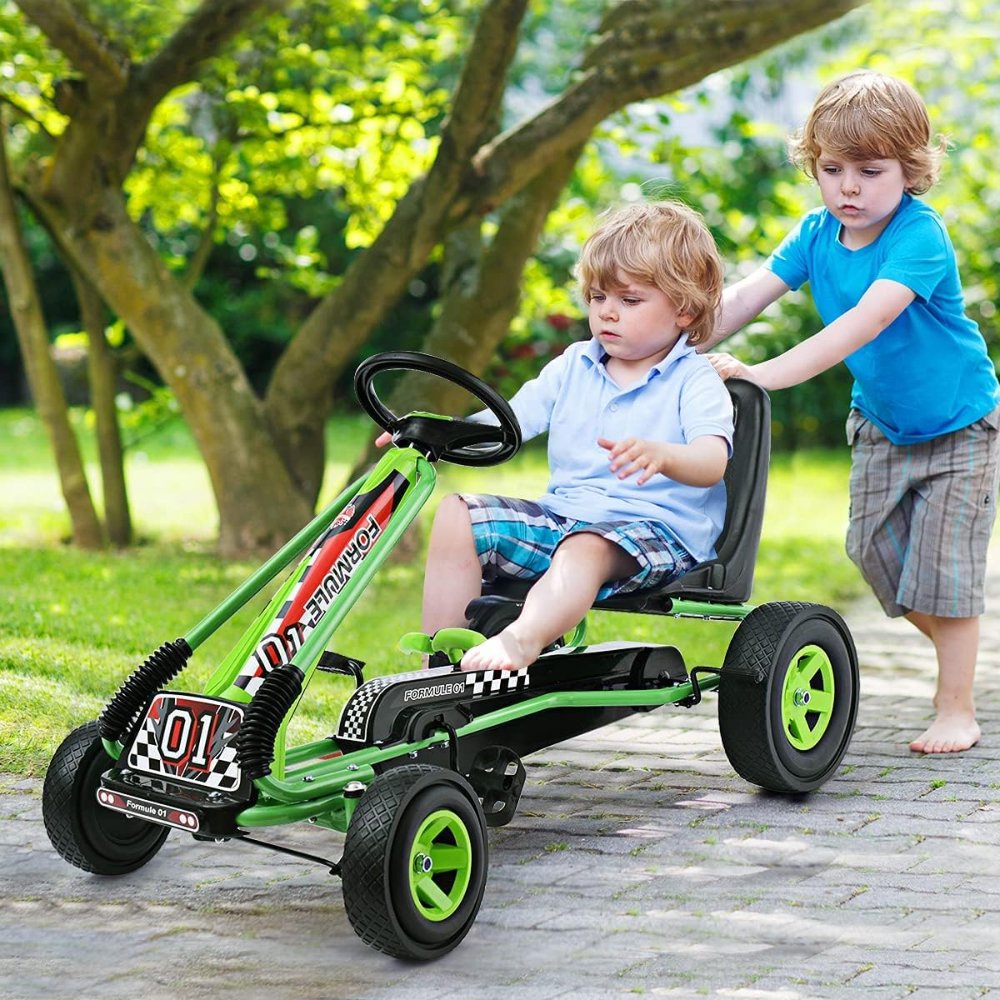 HOMGX Go Kart de pedales para niños con asiento ajustable, frenos de seguridad y ruedas EVA. Diseño deportivo y resistente ideal para jugar al aire libre.