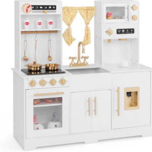 GOPLUS cocina de juguete infantil con cafetera, horno, fregadero, microondas, luces y sonidos. Medidas 90 x 30 x 90 cm.
