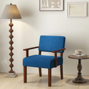 Costway sillón auxiliar azul modelo COST03591, estilo mediados de siglo, con brazos de madera y asiento acolchado; ideal para sala u oficina.