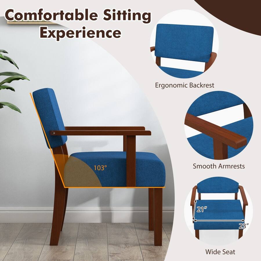 Costway sillón auxiliar azul modelo COST03591, estilo mediados de siglo, con brazos de madera y asiento acolchado; ideal para sala u oficina. - Imagen 5