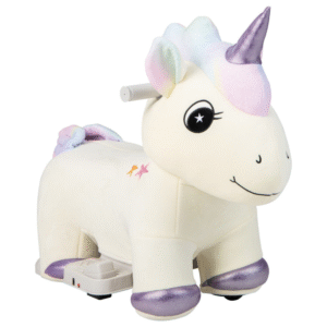 COSTWAY unicornio eléctrico infantil 6V, con música, manillar y diseño suave tipo peluche; divertido para paseos y juego en casa.