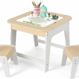 Juego de mesa y silla para niños, mesa de actividades de madera 3 en 1 y 2 sillas para manualidades artísticas, pizarra reversible, 3 muebles para niños con almacenamiento, (natural)