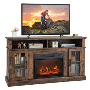 Soporte para TV con Chimenea  eléctrica con efecto de llama 3D de 3 niveles de 1400W con control, Calefacción eficiente 58'' an. x 16? prf. x 32? alt., para TVs de hasta 65 pl. Amplio almacenamiento.