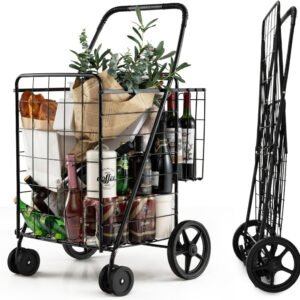 Carrito de compras plegable plano, carrito utilitario resistente de 130 libras, carrito de comestibles plegable de 24 x 23 x 40 pulgadas para lavandería, compras, comestibles y más.
