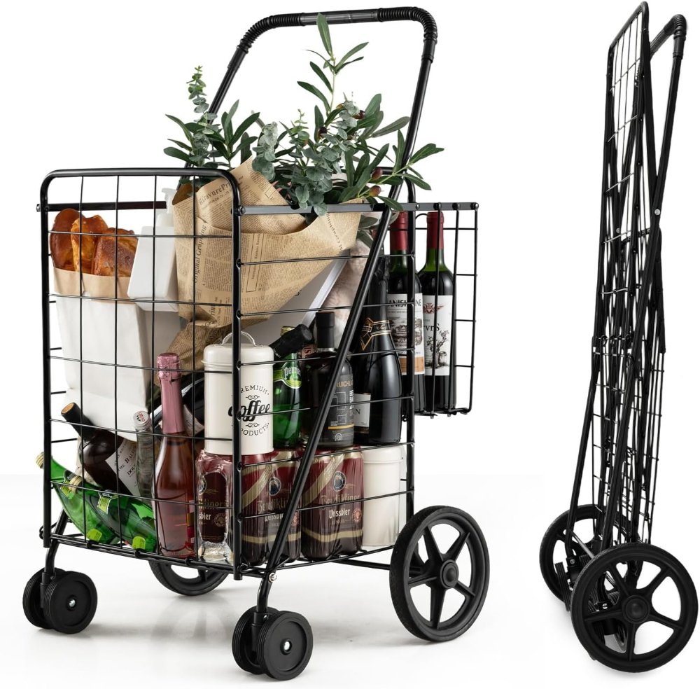 Carrito de compras plegable plano, carrito utilitario resistente de 130 libras, carrito de comestibles plegable de 24 x 23 x 40 pulgadas para lavandería, compras, comestibles y más.