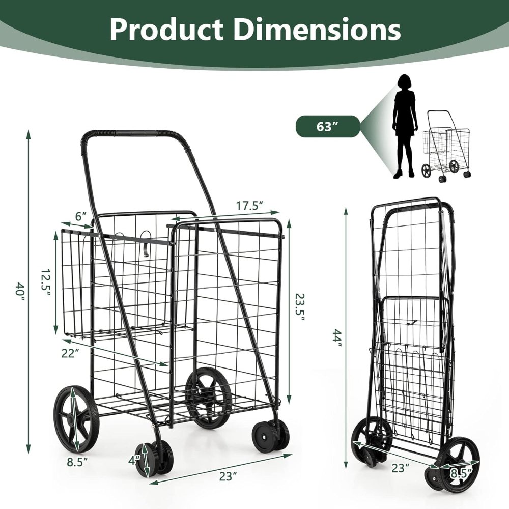 Carrito de compras plegable plano, carrito utilitario resistente de 130 libras, carrito de comestibles plegable de 24 x 23 x 40 pulgadas para lavandería, compras, comestibles y más. - Imagen 5