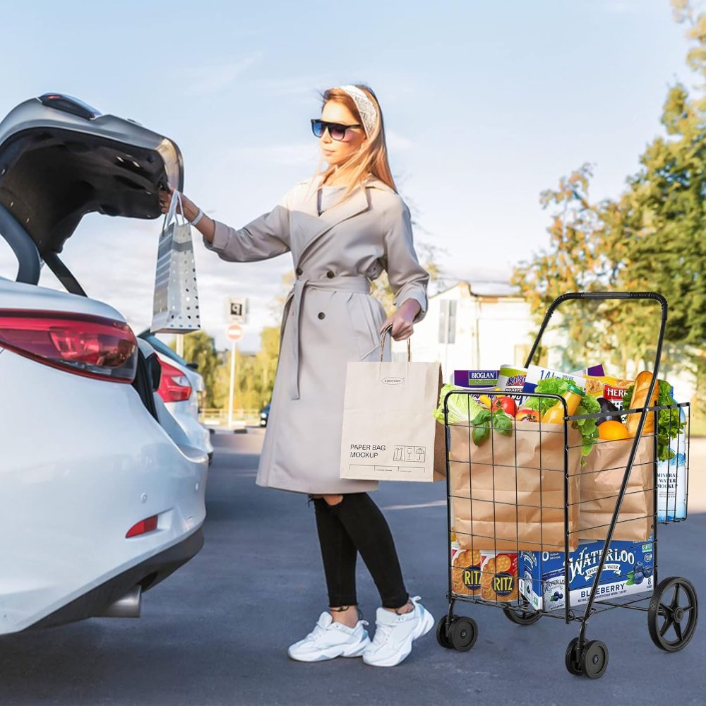 Carrito de compras plegable plano, carrito utilitario resistente de 130 libras, carrito de comestibles plegable de 24 x 23 x 40 pulgadas para lavandería, compras, comestibles y más. - Imagen 6