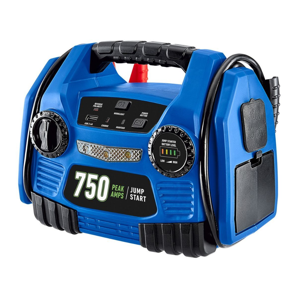 Arrancador portátil CEN-TECH 750?A, compacto y ligero, para autos de 4 cilindros. Incluye luz LED, salida USB y protección de polaridad, confiable y fácil de usar. - Imagen 4