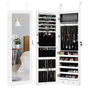 Armario organizador para joyería Costway, montable en pared o puerta, con cerradura de seguridad y llave. Incluye varios compartimentos y ganchos para mantener las joyas organizadas.