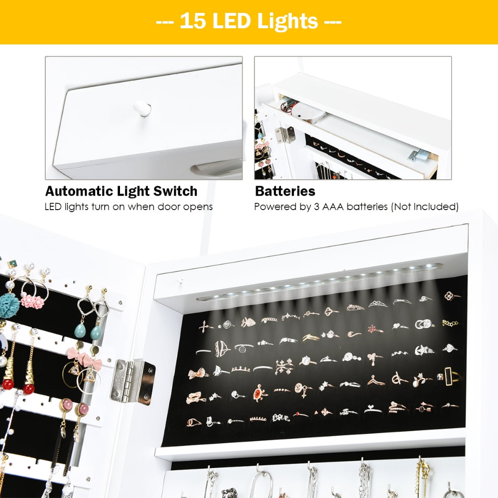 Armario organizador para joyería Costway, montable en pared o puerta, con cerradura de seguridad y llave. Incluye varios compartimentos y ganchos para mantener las joyas organizadas. - Imagen 2