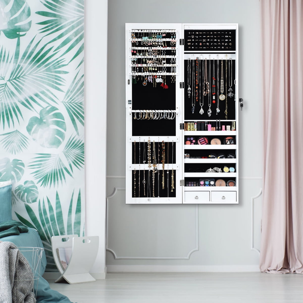Armario organizador para joyería Costway, montable en pared o puerta, con cerradura de seguridad y llave. Incluye varios compartimentos y ganchos para mantener las joyas organizadas. - Imagen 3