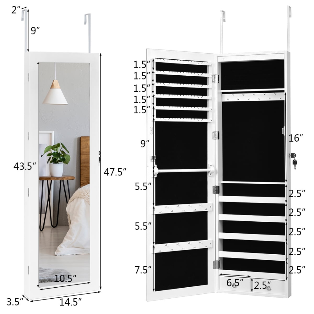 Armario organizador para joyería Costway, montable en pared o puerta, con cerradura de seguridad y llave. Incluye varios compartimentos y ganchos para mantener las joyas organizadas. - Imagen 5