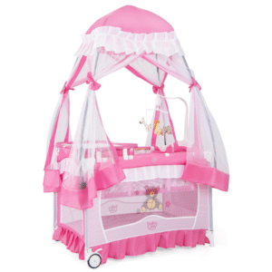 BABY JOY Cuna 4?en?1 portátil con cambiador, dosel y cajón musical, sirve como cama, cambiador y área de juego para bebés 0?36?meses, fácil de plegar.